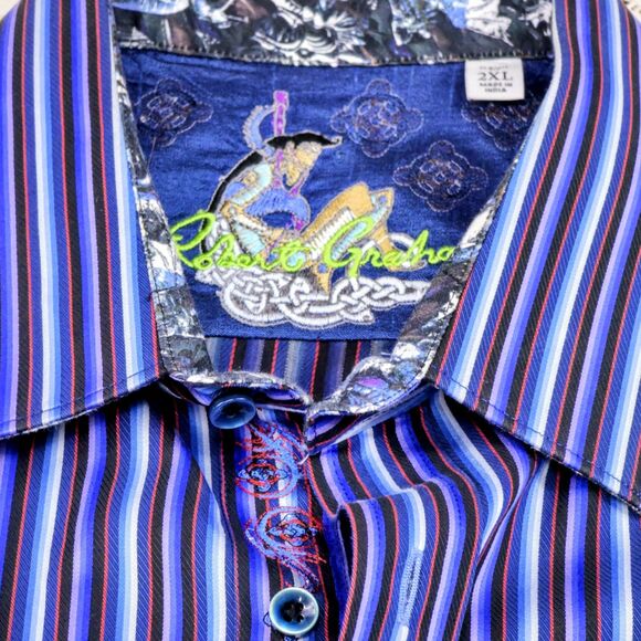 Men's Robert Graham 2XL Striped Purple/Black‎ Front Long Sleeve Flip Cuff $188 - Picture 2 of 13